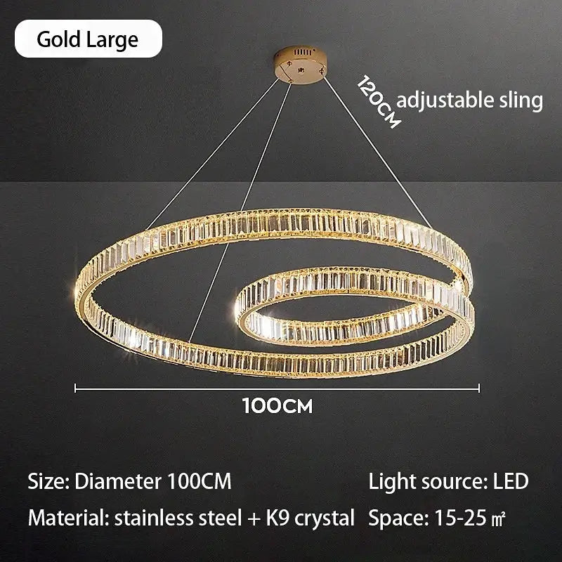 Modern gold double ring crystal chandelier led light fixture dining room