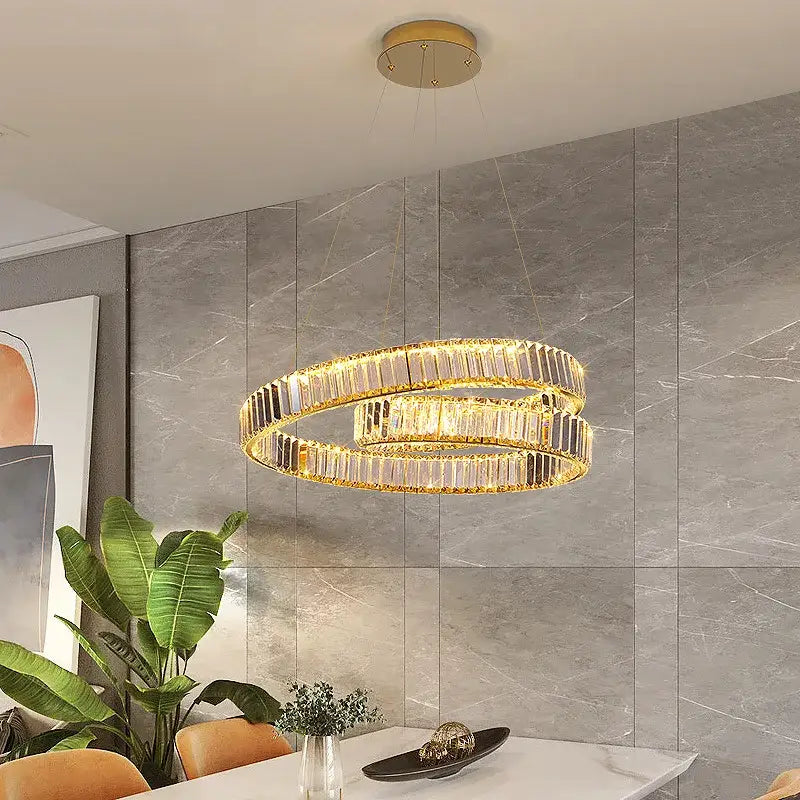 Modern gold double ring crystal chandelier led light fixture dining room