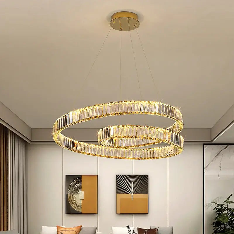 Modern gold double ring crystal chandelier led light fixture dining room