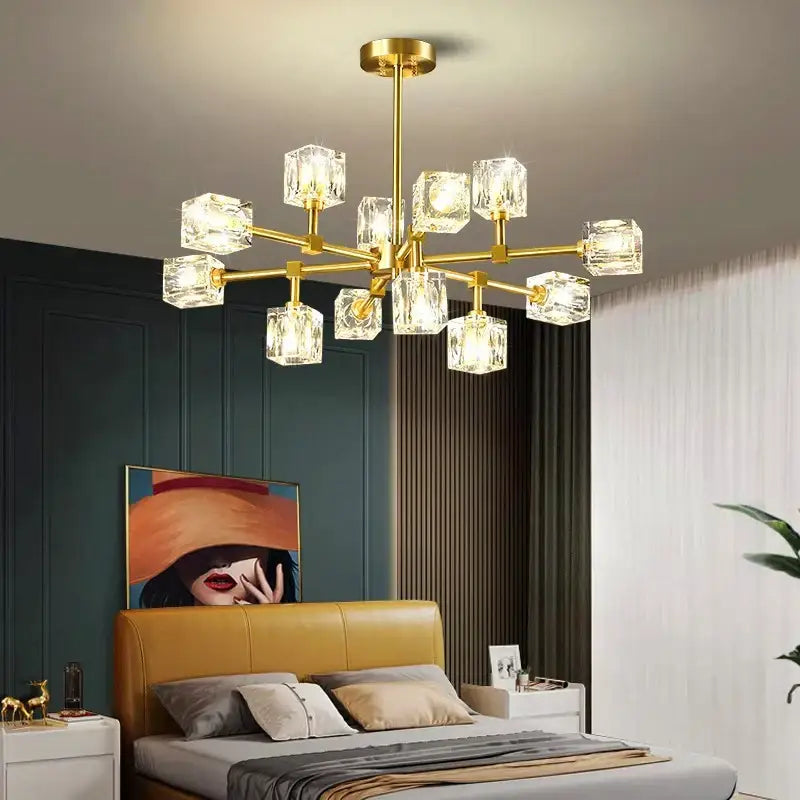 Luxury gold cube crystal chandelier living room pendant light