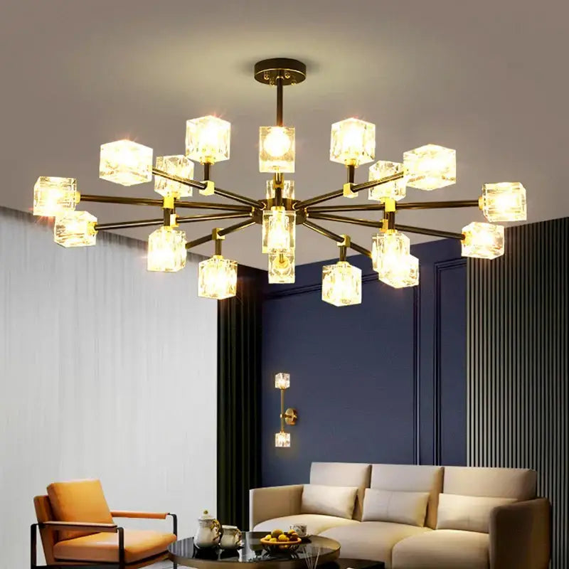 Luxury gold cube crystal chandelier living room pendant light
