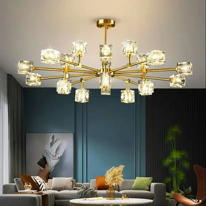 Luxury gold cube crystal chandelier living room pendant light