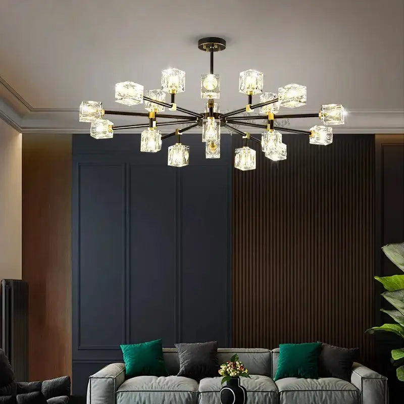 Luxury gold cube crystal chandelier living room pendant light