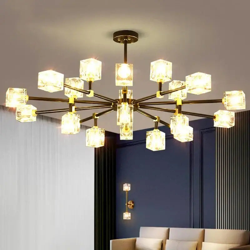 Luxury gold cube crystal chandelier living room pendant light