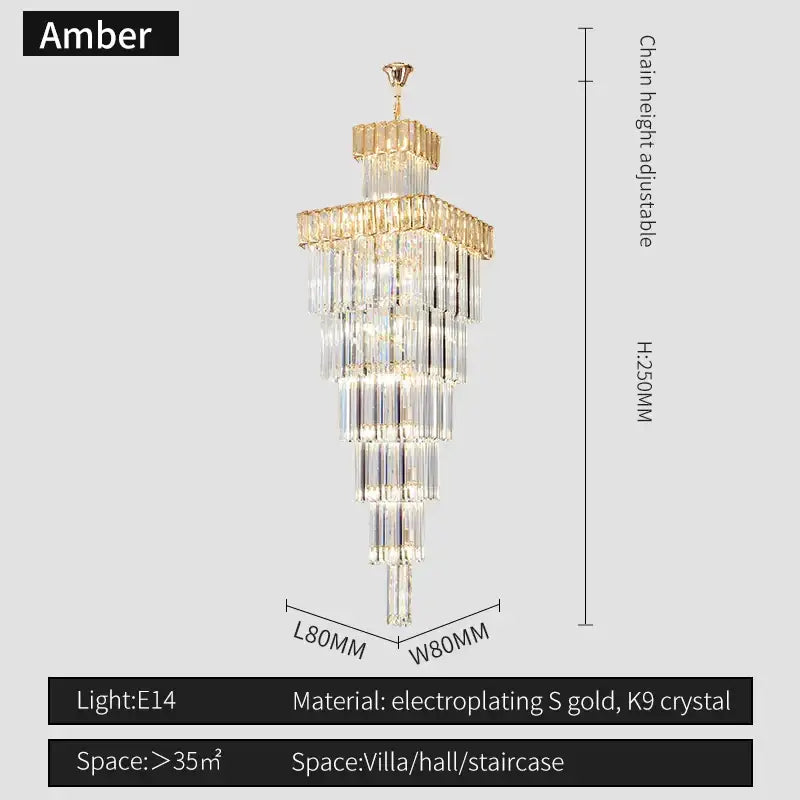 Luxury gold crystal chandelier staircase pendant light