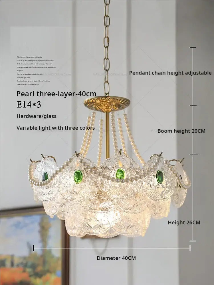 Modern gold pearl crystal chandelier dining room green gem light