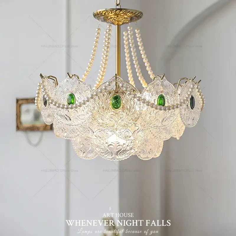 Modern gold pearl crystal chandelier dining room green gem light