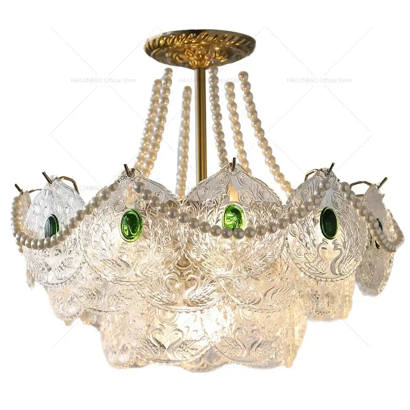 Modern gold pearl crystal chandelier dining room green gem light