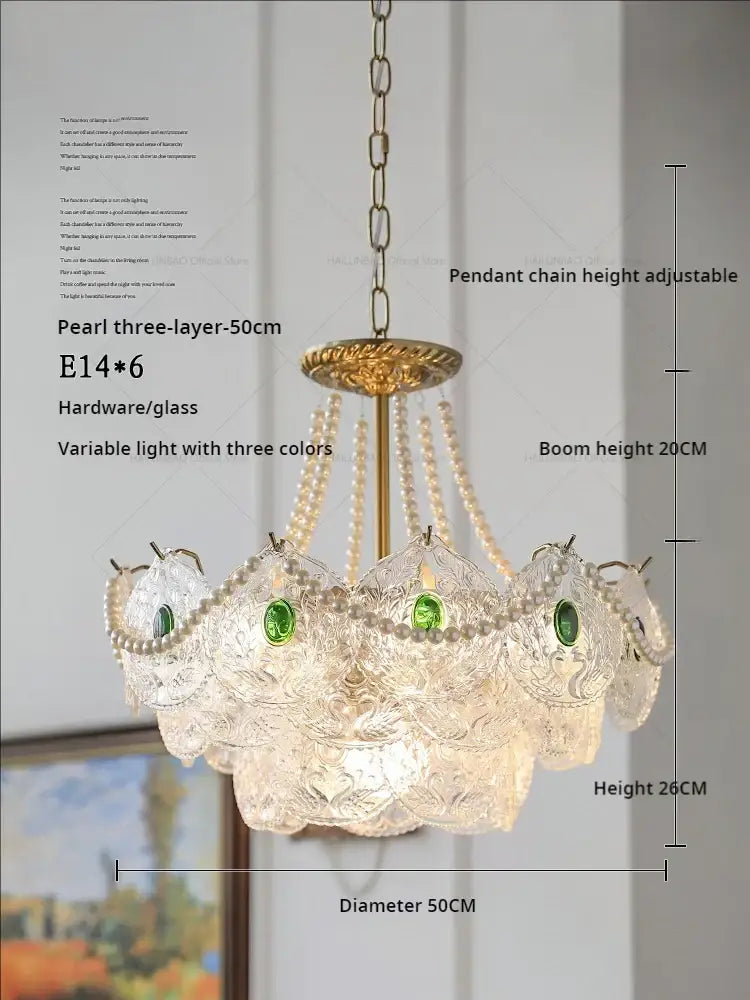 Modern gold pearl crystal chandelier dining room green gem light