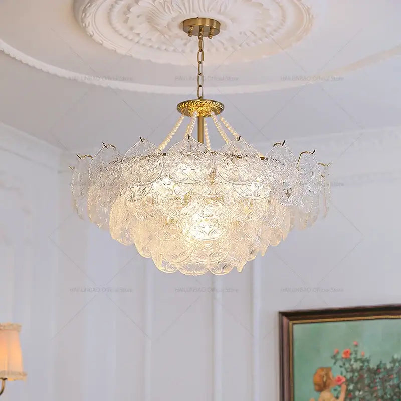 Modern gold pearl crystal chandelier dining room green gem light