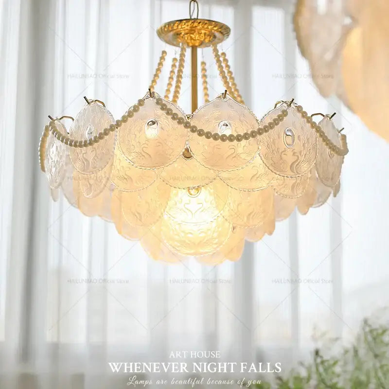 Modern gold pearl crystal chandelier dining room green gem light