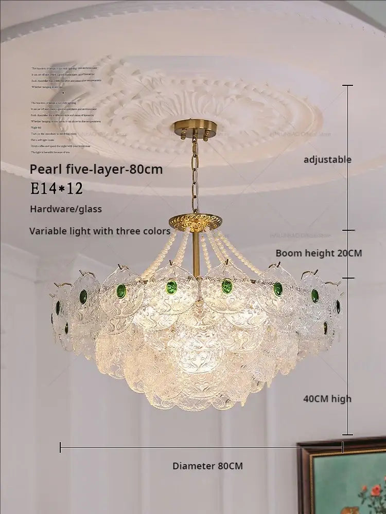 Modern gold pearl crystal chandelier dining room green gem light