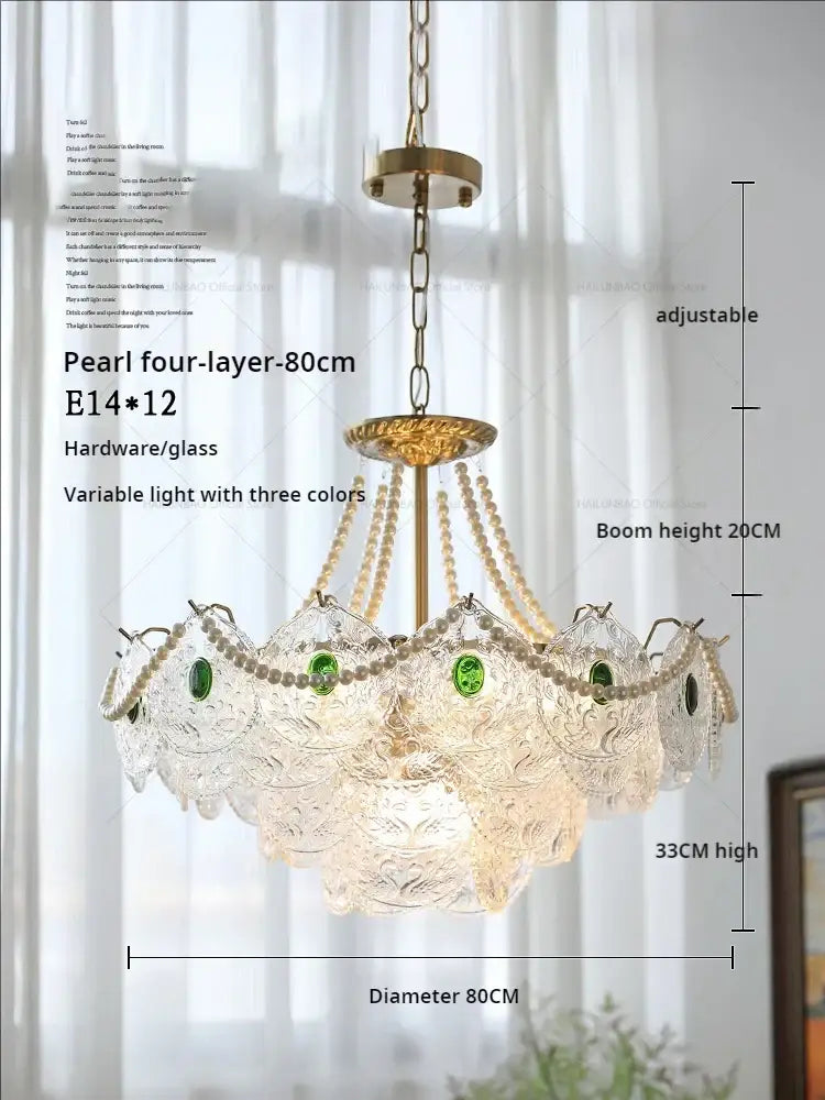 Modern gold pearl crystal chandelier dining room green gem light