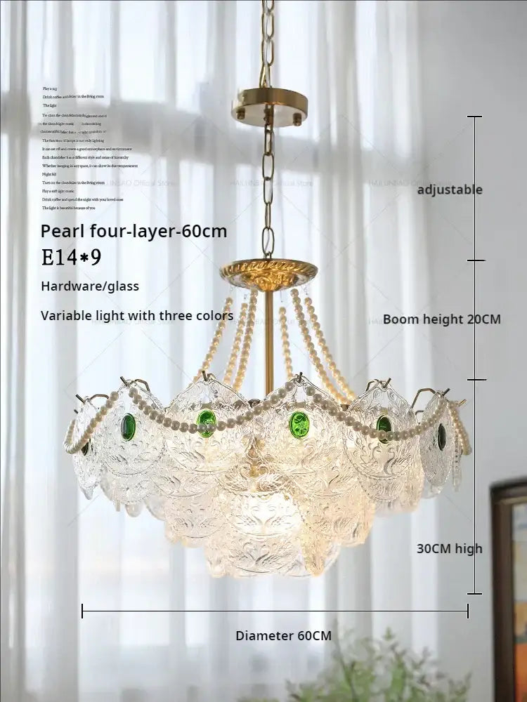 Modern gold pearl crystal chandelier dining room green gem light