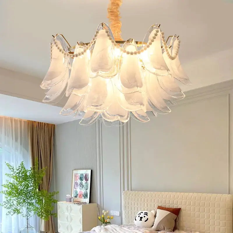 Modern pearl white glass decorbites crystal chandelier for bedroom