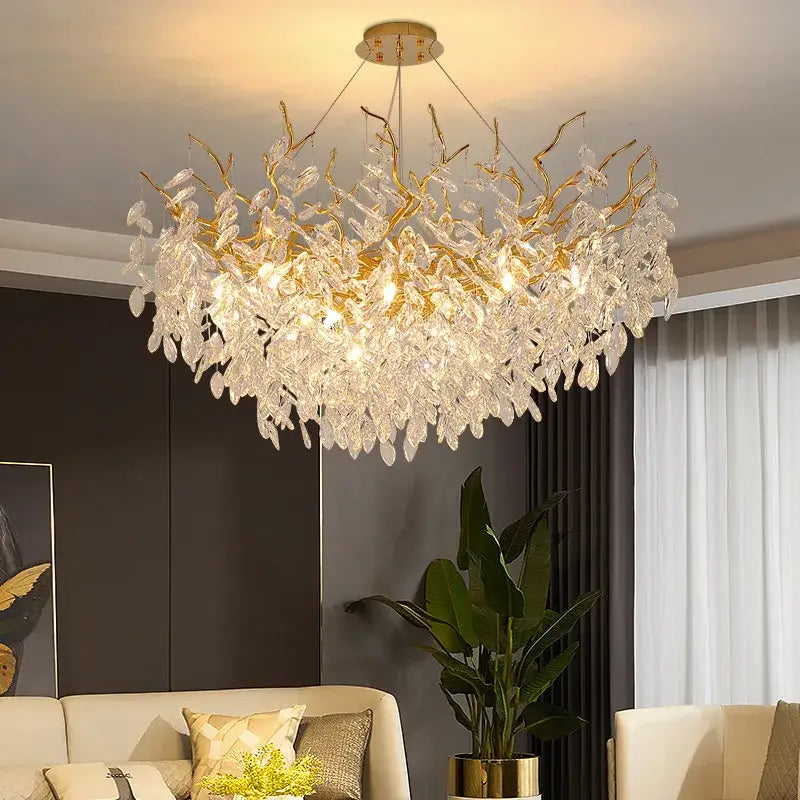 Decorbites crystal chandelier gold leaf branch light for living room