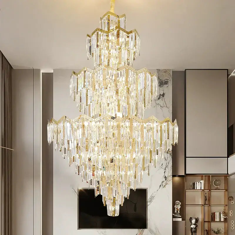 Modern luxury gold and crystal chandelier dining room multi tiered light