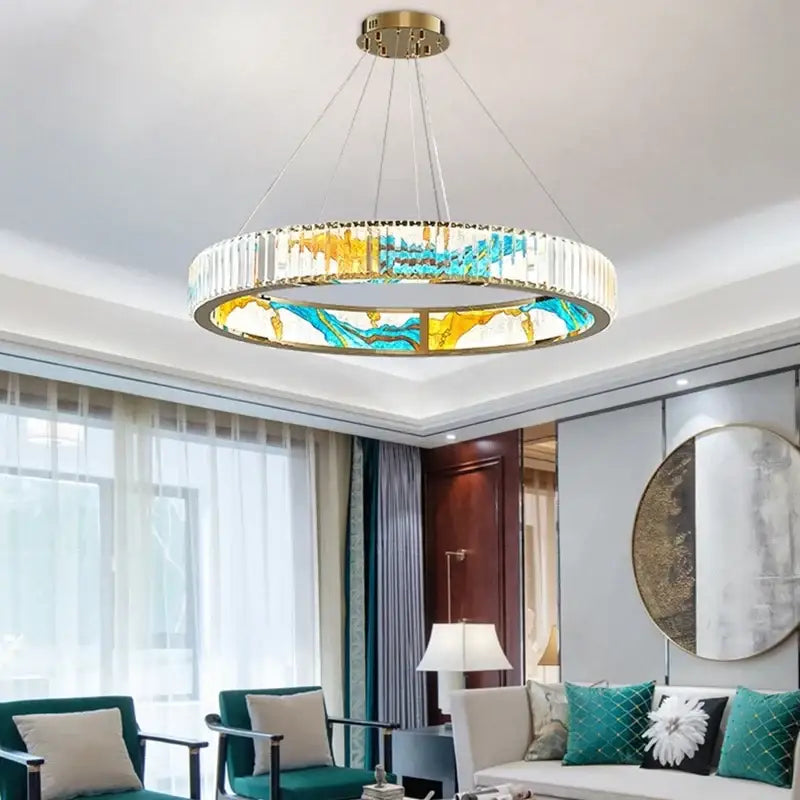 Modern blue & amber crystal chandelier pendant dining room light