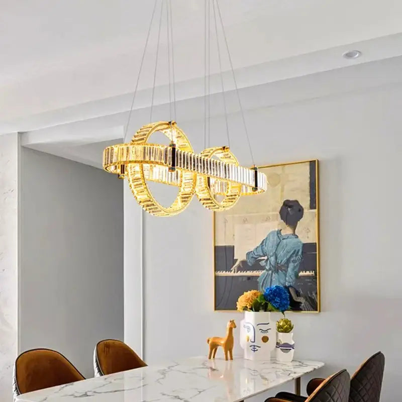 Modern golden interlocking ring crystal chandelier pendant light dining room