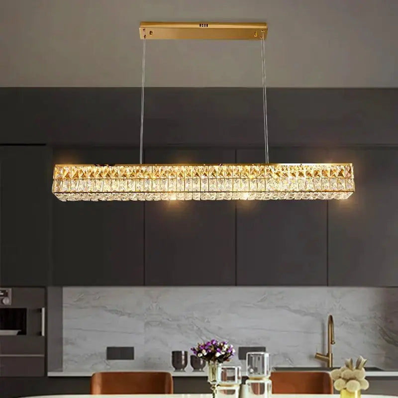 Modern gold rectangular crystal chandelier pendant light dining room