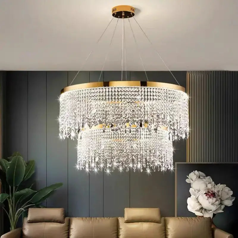 Luxury gold circular crystal chandelier pendant light for dining room