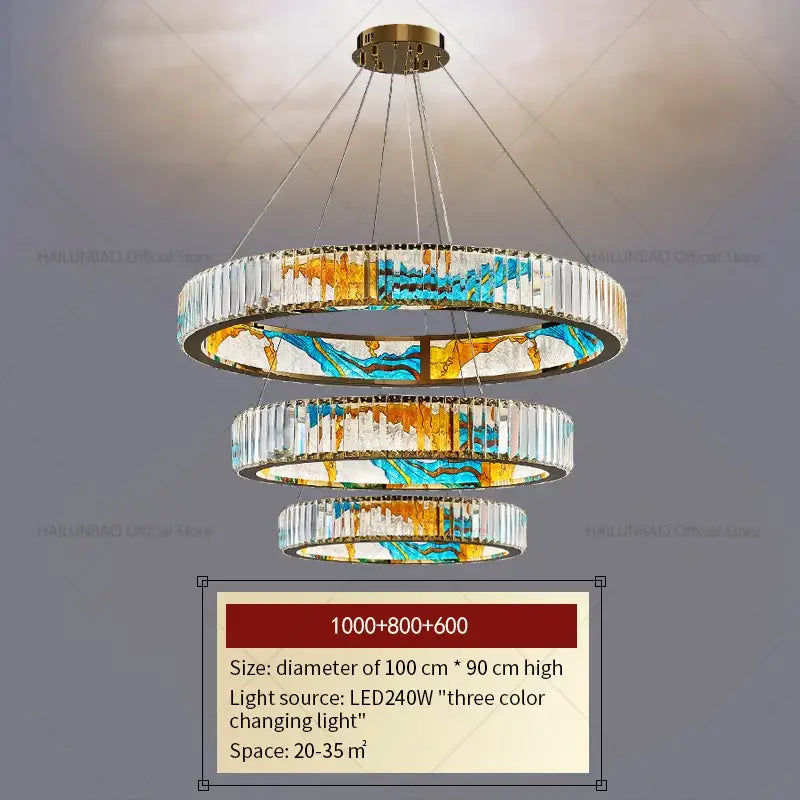 Abstract stained glass crystal chandelier ring dining room light