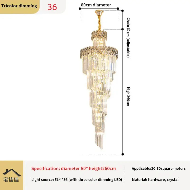 Luxury golden decorbites crystal chandelier spiral staircase light