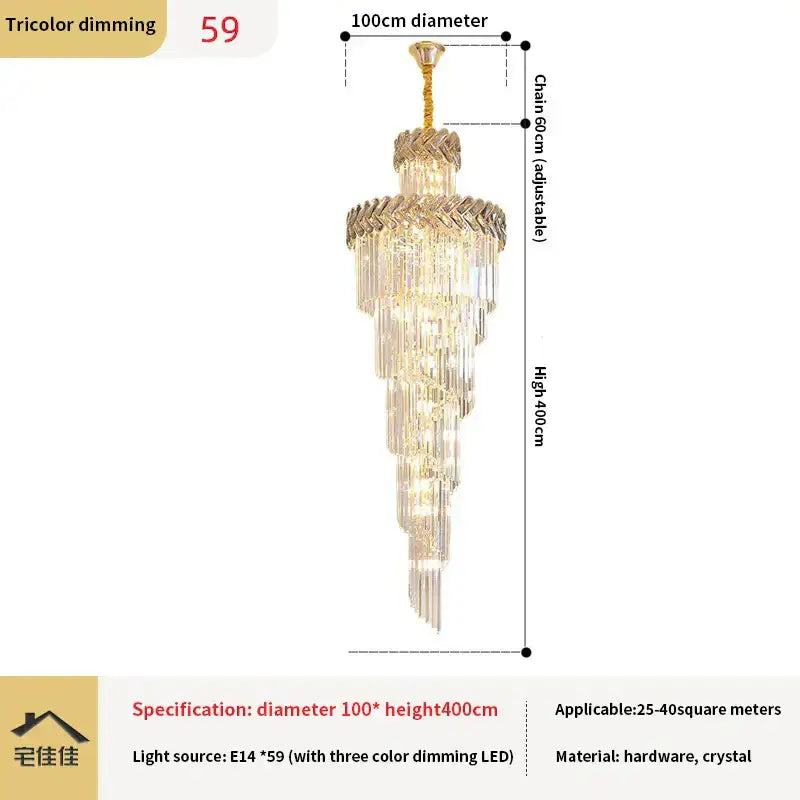 Luxury golden decorbites crystal chandelier spiral staircase light