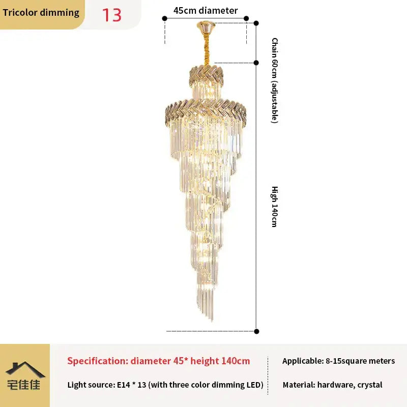 Luxury golden decorbites crystal chandelier spiral staircase light