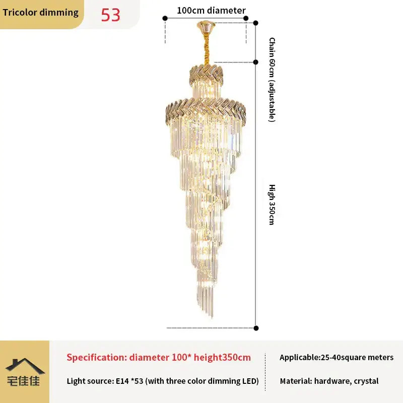 Luxury golden decorbites crystal chandelier spiral staircase light