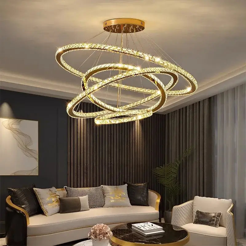 Modern golden interlocking ring crystal chandelier living room light