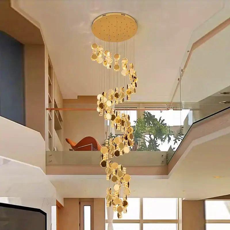 Modern golden crystal chandelier stair pendant lamp living room