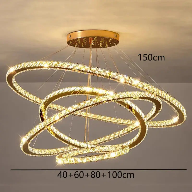 Golden interlocking ring crystal chandelier stair pendant living room