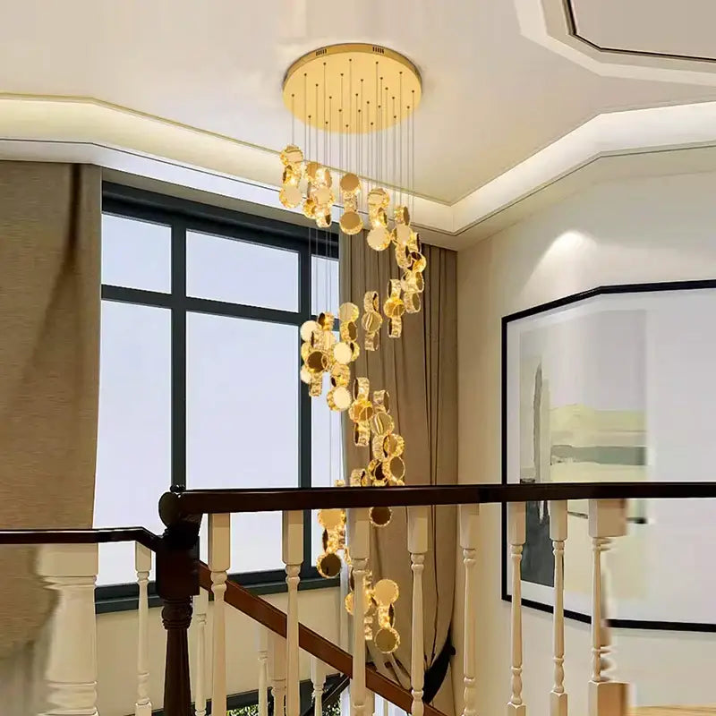 Modern golden crystal chandelier stair pendant lamp living room