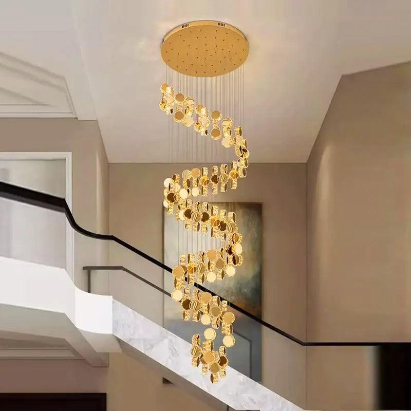 Modern golden crystal chandelier stair pendant lamp living room