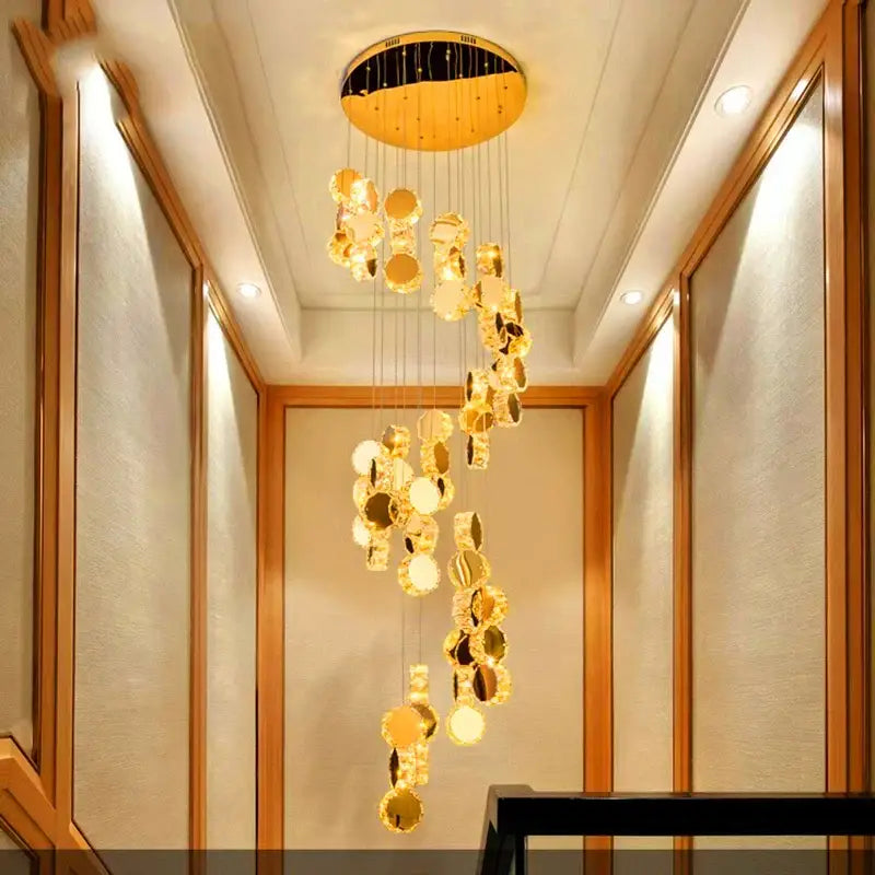 Modern golden crystal chandelier stair pendant lamp living room
