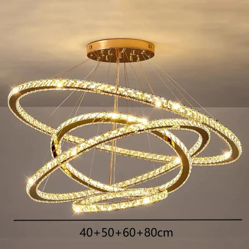 Golden interlocking ring crystal chandelier stair pendant living room