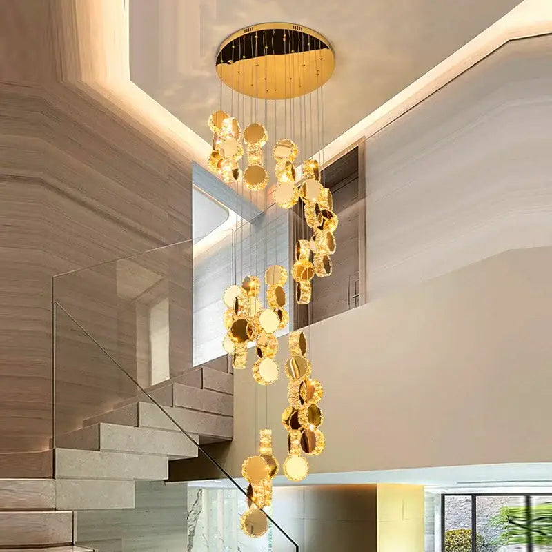 Modern golden crystal chandelier stair pendant lamp living room