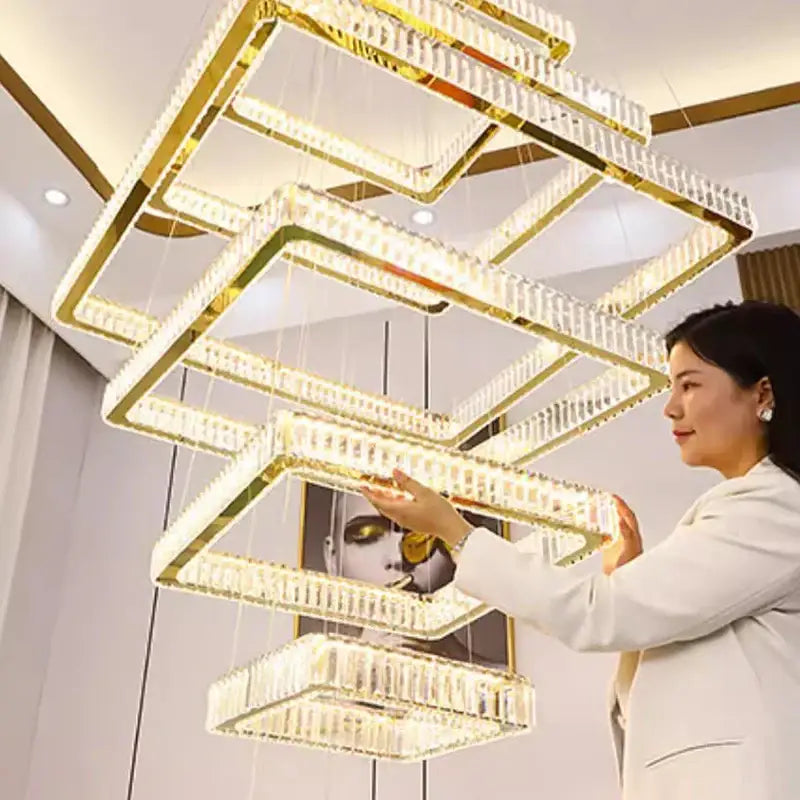 Modern multi tier gold crystal chandelier stair pendant light