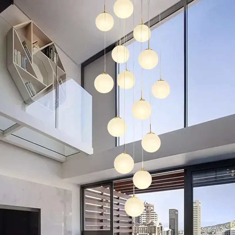 Modern white spherical crystal chandelier stair pendant light living room