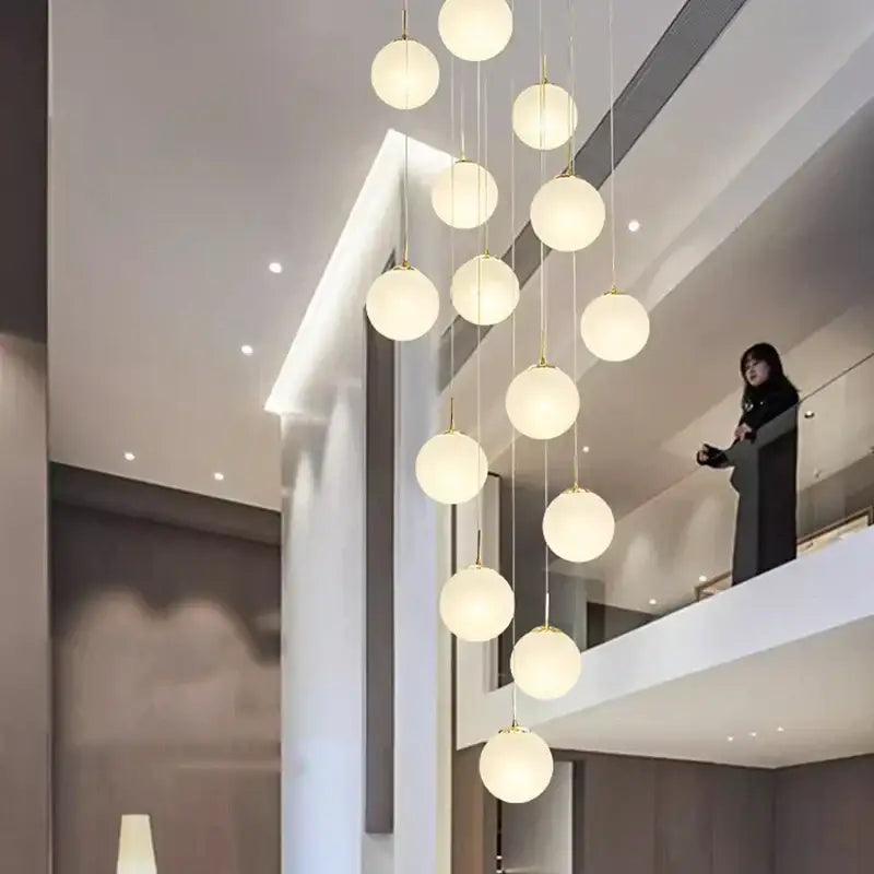 Modern white spherical crystal chandelier stair pendant light living room
