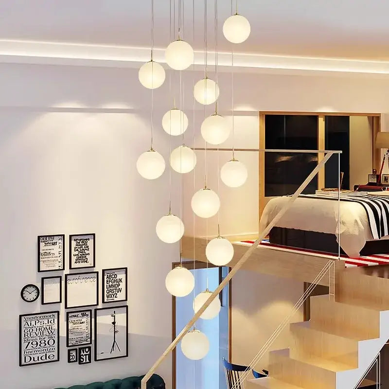 Modern white spherical crystal chandelier stair pendant light living room