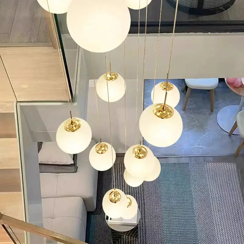 Modern white spherical crystal chandelier stair pendant light living room