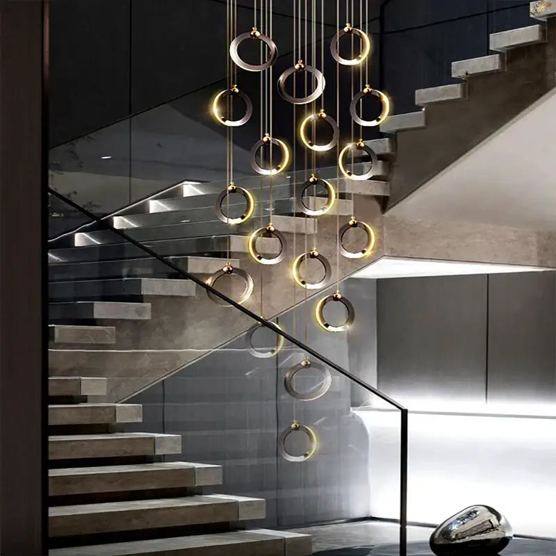 Modern metallic ring cascading crystal chandelier living room light