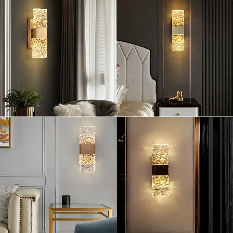 Modern textured glass led wall sconces in chrome black & gold bedroom
