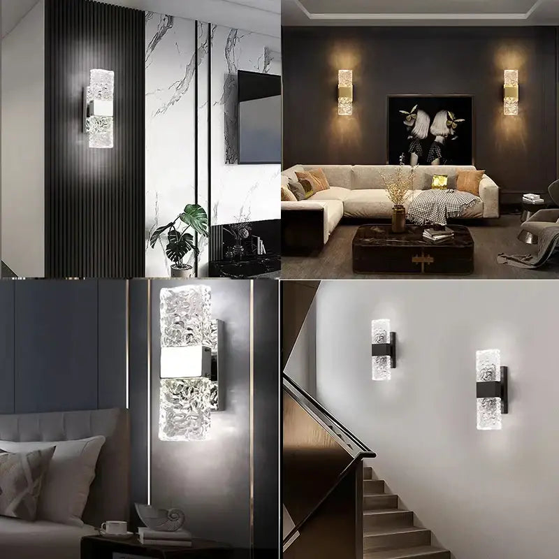 Modern textured glass led wall sconces in chrome black & gold bedroom