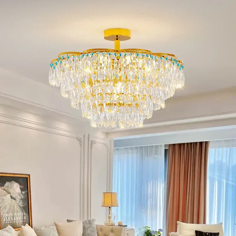 Luxury gold and turquoise crystal light chandelier dining room