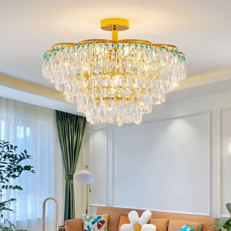 Luxury gold and turquoise crystal light chandelier dining room