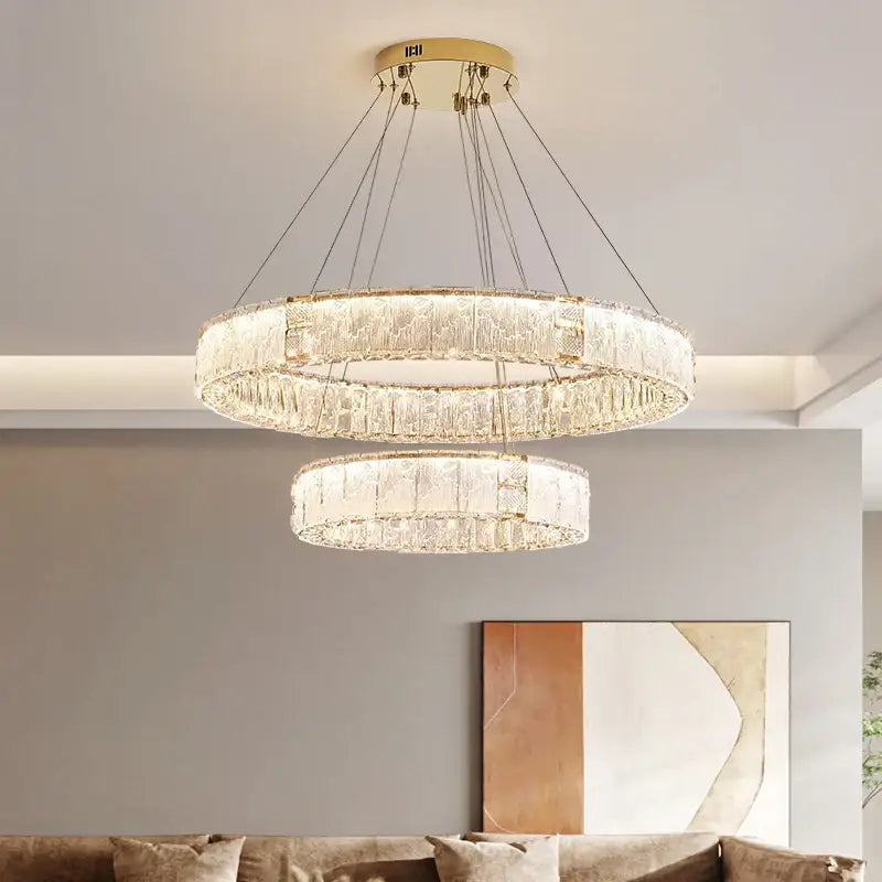 Modern gold double ring crystal living room chandelier
