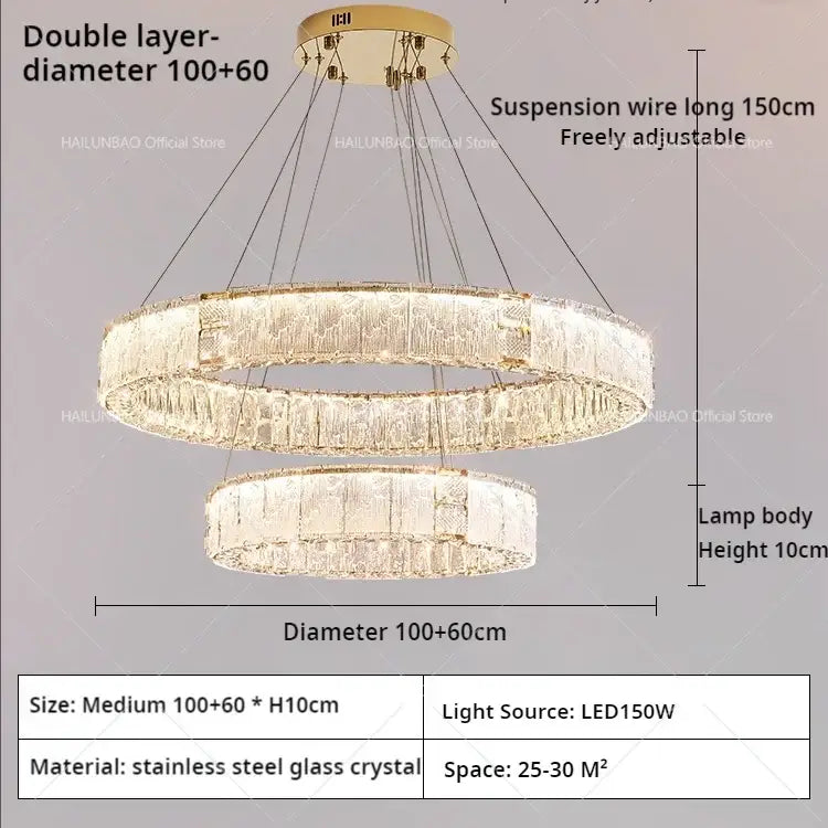 Modern gold double ring crystal living room chandelier